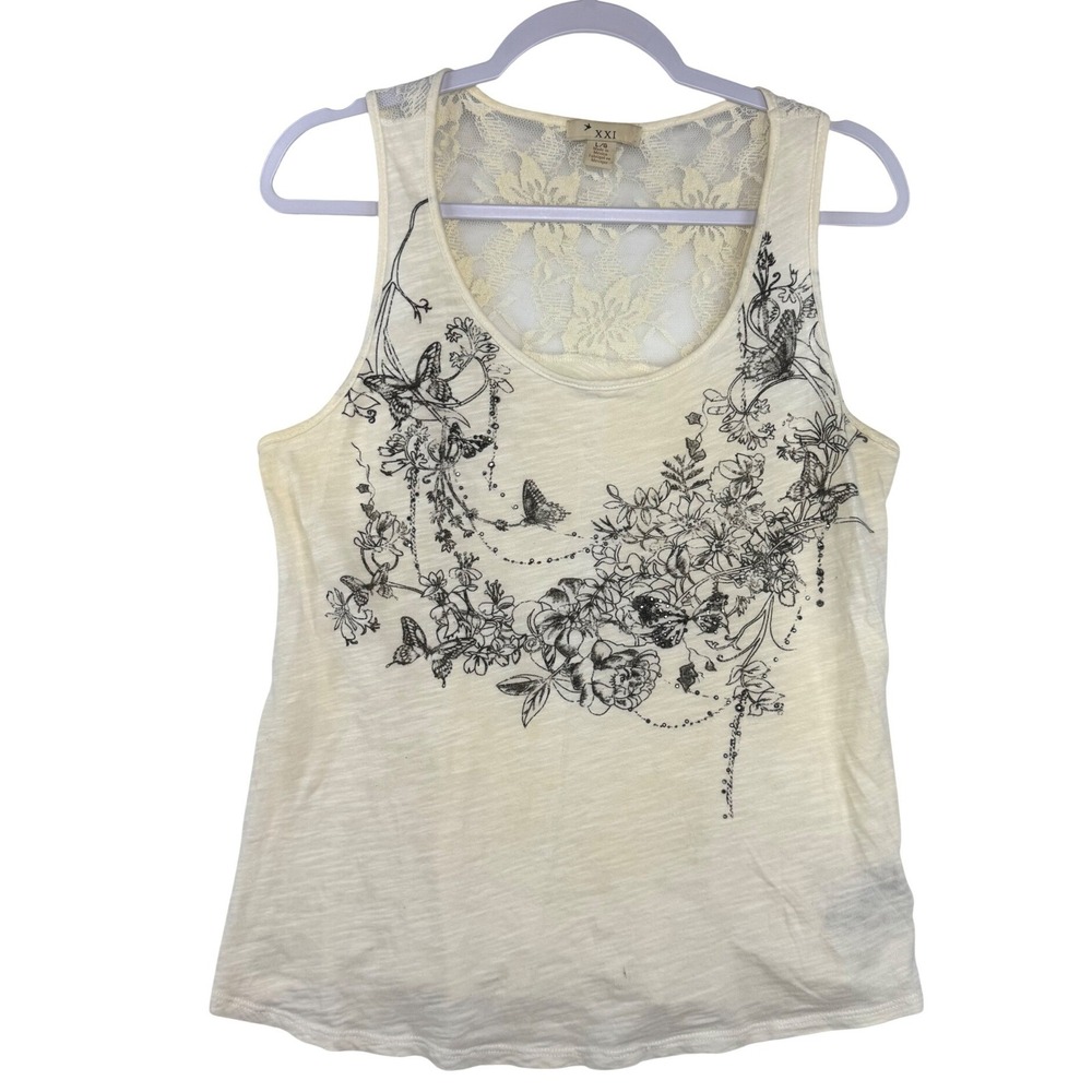 Vintage Forever 21 Cream Butterfly Floral Lace‎ Back Graphic Tank Top Rhinestone